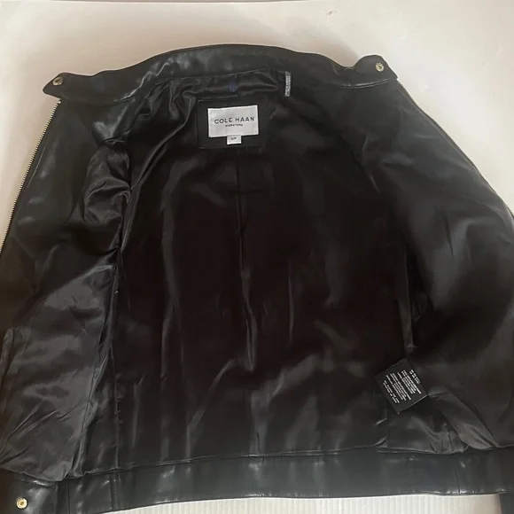 Cole Haan Black Leather Feel Biker Jacket with Gold Accents Zipper - Picture 9 of 13
